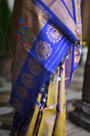 Rang Mahal ~ Handloom Pure Silk Maharani Paithani in in Dual Tone Yellow with Royal Blue (With Silk Mark) - verymuchindian.com