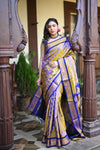 Rang Mahal ~ Handloom Pure Silk Maharani Paithani in in Dual Tone Yellow with Royal Blue (With Silk Mark) - verymuchindian.com