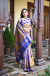 Rang Mahal ~ Handloom Pure Silk Maharani Paithani in in Dual Tone Yellow with Royal Blue (With Silk Mark) - verymuchindian.com