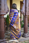 Rang Mahal ~ Handloom Pure Silk Maharani Paithani in in Dual Tone Yellow with Royal Blue (With Silk Mark) - verymuchindian.com