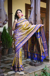 Rang Mahal ~ Handloom Pure Silk Maharani Paithani in in Dual Tone Yellow with Royal Blue (With Silk Mark) - verymuchindian.com