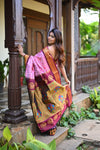 Rang Mahal ~ Handloom Pure Silk Maharani Paithani in Light Pink and Wine (With Silk Mark) - verymuchindian.com