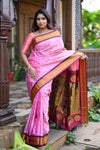 Rang Mahal ~ Handloom Pure Silk Maharani Paithani in Light Pink and Wine (With Silk Mark) - verymuchindian.com