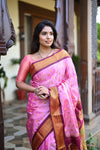 Rang Mahal ~ Handloom Pure Silk Maharani Paithani in Light Pink and Wine (With Silk Mark) - verymuchindian.com