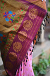 Rang Mahal ~ Handloom Pure Silk Maharani Paithani in Light Pink and Wine (With Silk Mark) - verymuchindian.com