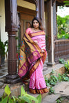 Rang Mahal ~ Handloom Pure Silk Maharani Paithani in Light Pink and Wine (With Silk Mark) - verymuchindian.com