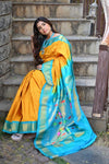 Rang Mahal ~ Handloom Pure Silk Maharani Paithani in Mustard Yellow with Blue (With Silk Mark) - verymuchindian.com