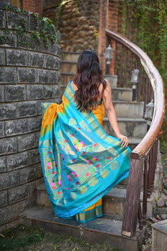 Rang Mahal ~ Handloom Pure Silk Maharani Paithani in Mustard Yellow with Blue (With Silk Mark) - verymuchindian.com