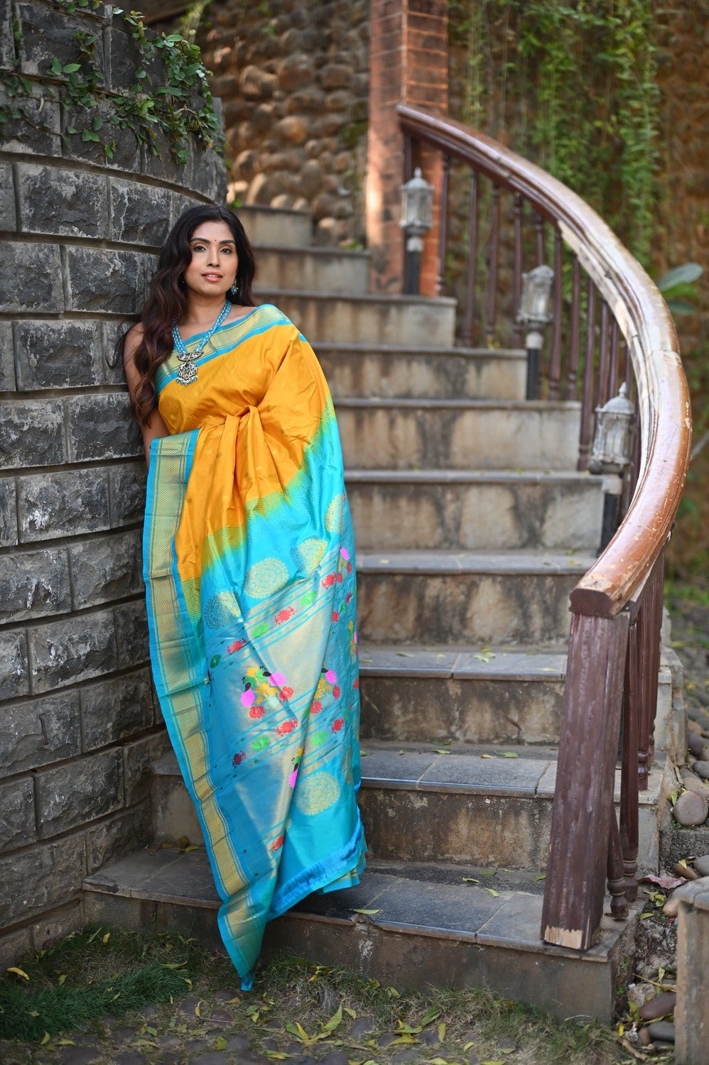 Rang Mahal ~ Handloom Pure Silk Maharani Paithani in Mustard Yellow with Blue (With Silk Mark) - verymuchindian.com