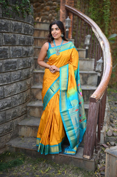 Rang Mahal ~ Handloom Pure Silk Maharani Paithani in Mustard Yellow with Blue (With Silk Mark) - verymuchindian.com