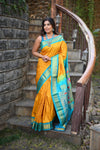 Rang Mahal ~ Handloom Pure Silk Maharani Paithani in Mustard Yellow with Blue (With Silk Mark) - verymuchindian.com