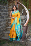 Rang Mahal ~ Handloom Pure Silk Maharani Paithani in Mustard Yellow with Blue (With Silk Mark) - verymuchindian.com