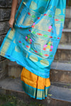 Rang Mahal ~ Handloom Pure Silk Maharani Paithani in Mustard Yellow with Blue (With Silk Mark) - verymuchindian.com