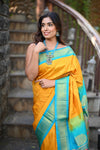 Rang Mahal ~ Handloom Pure Silk Maharani Paithani in Mustard Yellow with Blue (With Silk Mark) - verymuchindian.com