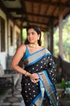 Rang Mahal ~ Handloom Pure Silk Maharani Paithani Saree in Regal Black with Blue (With Silk Mark) - verymuchindian.com