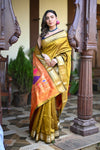 Rang Mahal ~ Handloom Pure Silk Paithani in Peacock Pallu in Mehendi Green (With Silk Mark) - verymuchindian.com