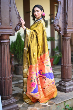Rang Mahal ~ Handloom Pure Silk Paithani in Peacock Pallu in Mehendi Green (With Silk Mark) - verymuchindian.com