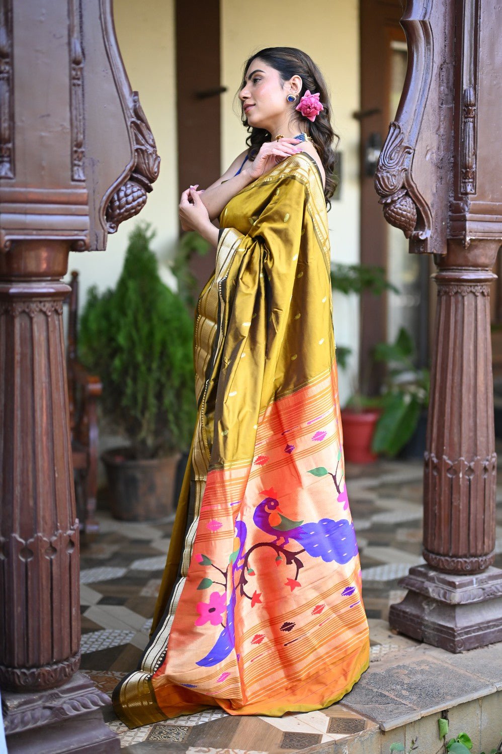 Rang Mahal ~ Handloom Pure Silk Paithani in Peacock Pallu in Mehendi Green (With Silk Mark) - verymuchindian.com