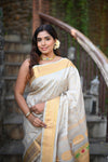 Rang Mahal ~ Handloom Pure Silk Paithani Maharani Paithani in Pearl Grey (With Silk Mark) - verymuchindian.com