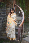 Rang Mahal ~ Handloom Pure Silk Paithani Maharani Paithani in Pearl Grey (With Silk Mark) - verymuchindian.com