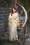 Rang Mahal ~ Handloom Pure Silk Paithani Maharani Paithani in Pearl Grey (With Silk Mark) - verymuchindian.com
