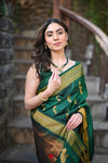 Rang Mahal ~ Handloom Pure Silk Paithani Maharani Paithani in Royal Green with Nath Buttis (With Silk Mark) - verymuchindian.com