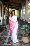 Rang Mahal ~ Handloom Pure Silk Paithani Saree with Parrot Pallu in Pearl White (With Silk Mark) - verymuchindian.com