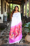 Rang Mahal ~ Handloom Pure Silk Paithani Saree with Parrot Pallu in Pearl White (With Silk Mark) - verymuchindian.com