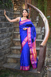 Rang Mahal ~ Handloom Pure Silk Paithani with Double Pallu in Royal Blue (With Silk Mark) - verymuchindian.com