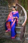 Rang Mahal ~ Handloom Pure Silk Paithani with Double Pallu in Royal Blue (With Silk Mark) - verymuchindian.com