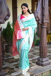 Rang Mahal ~ Handloom Pure Silk Paithani with Double Pallu in Sea Blue (With Silk Mark) - verymuchindian.com