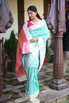 Rang Mahal ~ Handloom Pure Silk Paithani with Double Pallu in Sea Blue (With Silk Mark) - verymuchindian.com