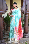 Rang Mahal ~ Handloom Pure Silk Paithani with Double Pallu in Sea Blue (With Silk Mark) - verymuchindian.com