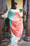 Rang Mahal ~ Handloom Pure Silk Paithani with Double Pallu in Sea Blue (With Silk Mark) - verymuchindian.com