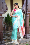 Rang Mahal ~ Handloom Pure Silk Paithani with Double Pallu in Sea Blue (With Silk Mark) - verymuchindian.com