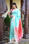 Rang Mahal ~ Handloom Pure Silk Paithani with Double Pallu in Sea Blue (With Silk Mark) - verymuchindian.com