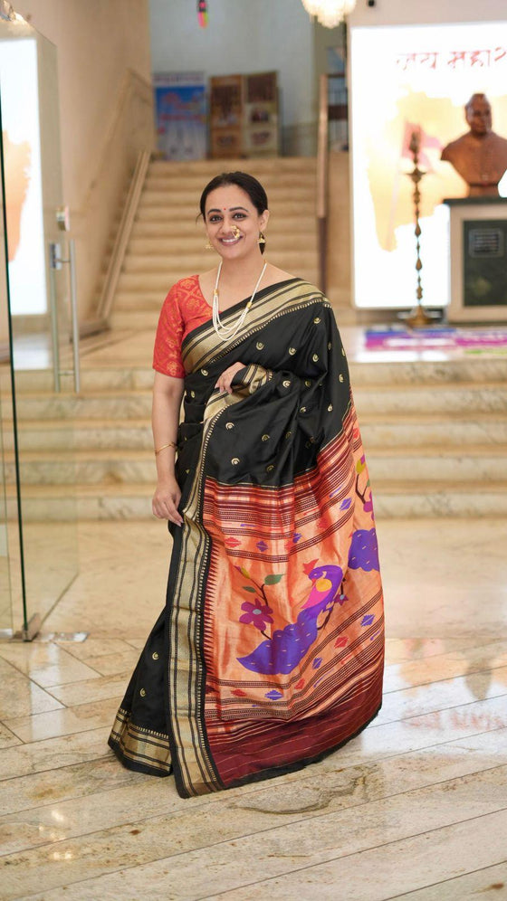 Chandrakor the Original: Handloom Pure Silk Paithani Saree with Traditional Peacock Pallu ~ Black