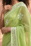 Sehaj ~ Exclusive Hand-Stitched Appliqué Weave Cotton Saree Floral Appliqué Pallu Fresh Green - verymuchindian.com