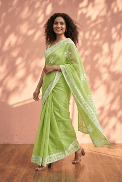 Sehaj ~ Exclusive Hand-Stitched Appliqué Weave Cotton Saree Floral Appliqué Pallu Fresh Green - verymuchindian.com