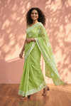 Sehaj ~ Exclusive Hand-Stitched Appliqué Weave Cotton Saree Floral Appliqué Pallu Fresh Green - verymuchindian.com