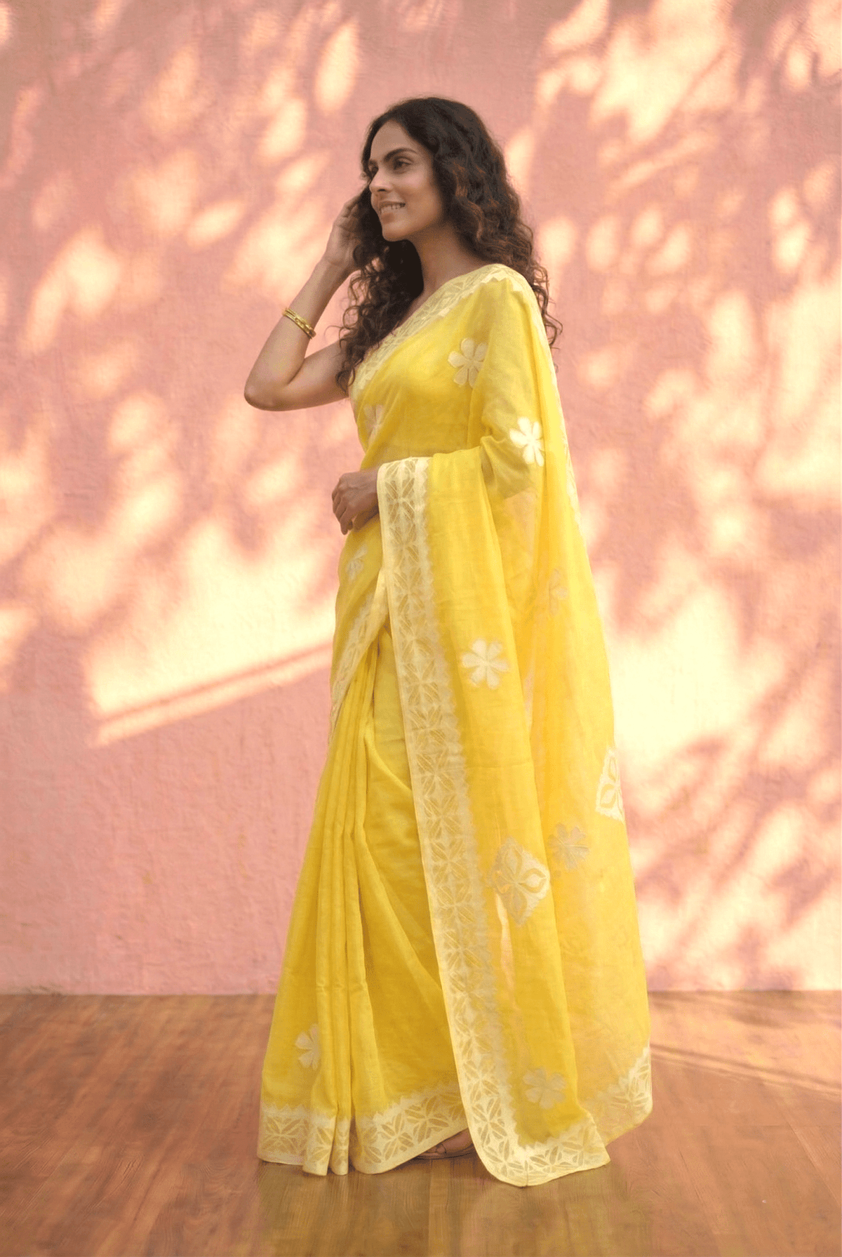 Sehaj ~ Exclusive Hand-Stitched Appliqué Weave Cotton Saree Floral Appliqué Pallu Fresh Yelllow - verymuchindian.com