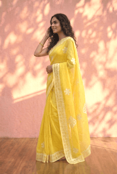 Sehaj ~ Exclusive Hand-Stitched Appliqué Weave Cotton Saree Floral Appliqué Pallu Fresh Yelllow - verymuchindian.com