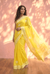 Sehaj ~ Exclusive Hand-Stitched Appliqué Weave Cotton Saree Floral Appliqué Pallu Fresh Yelllow - verymuchindian.com