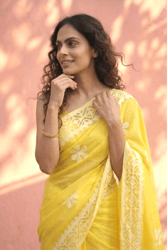 Sehaj ~ Exclusive Hand-Stitched Appliqué Weave Cotton Saree Floral Appliqué Pallu Fresh Yelllow - verymuchindian.com