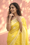 Sehaj ~ Exclusive Hand-Stitched Appliqué Weave Cotton Saree Floral Appliqué Pallu Fresh Yelllow - verymuchindian.com