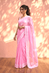 Sehaj ~ Exclusive Hand-Stitched Appliqué Weave Cotton Saree Floral Appliqué Pallu In CandyPink - verymuchindian.com
