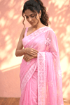 Sehaj ~ Exclusive Hand-Stitched Appliqué Weave Cotton Saree Floral Appliqué Pallu In CandyPink - verymuchindian.com