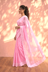 Sehaj ~ Exclusive Hand-Stitched Appliqué Weave Cotton Saree Floral Appliqué Pallu In CandyPink - verymuchindian.com
