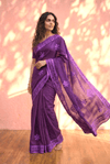 Sehaj ~ Exclusive Hand-Stitched Appliqué Weave Cotton Saree Floral Appliqué Pallu In Royal Purple - verymuchindian.com