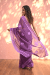 Sehaj ~ Exclusive Hand-Stitched Appliqué Weave Cotton Saree Floral Appliqué Pallu In Royal Purple - verymuchindian.com